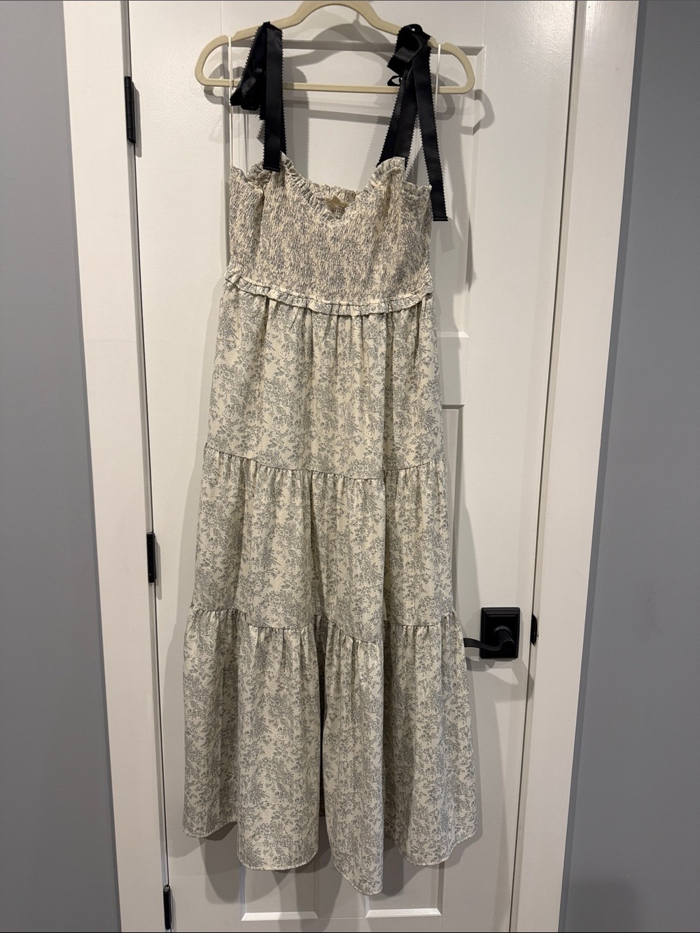 Women’s Cream Floral Tiered Dress with Black Ribbon Straps